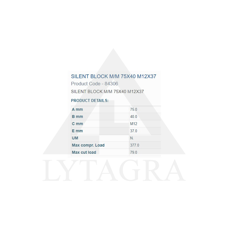 Amortizatora bukse 75X40 M12 2 ārējās vītnes 84306