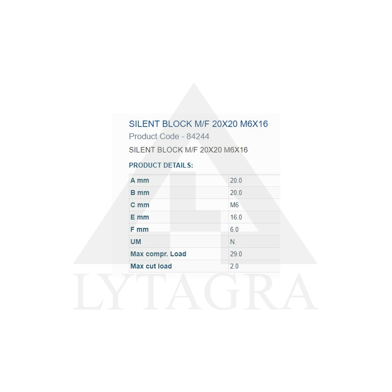 84244 BUKSE AMORTIZĀC.  20X20 M6 VĪTNE 1IN 1OUT