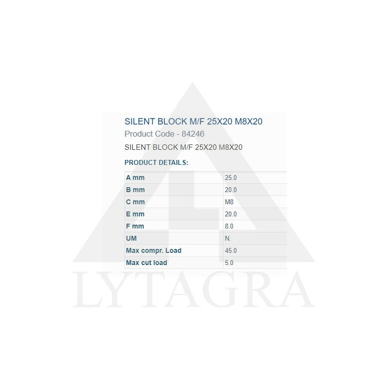 84246 BUKSE AMORTIZĀC.  25X20 M8 VĪTNE 1IN 1OUT