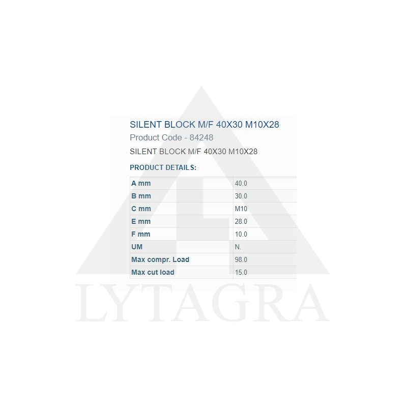 84248  BUKSE AMORTIZĀC. 40X30 M10 VĪTNE 1IN 1OUT