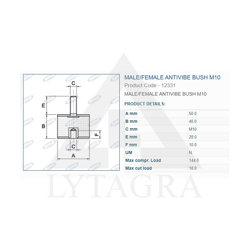12331 BUKSE AMORTIZĀC. 50X40 M10 VĪTNE 1IN 1OUT